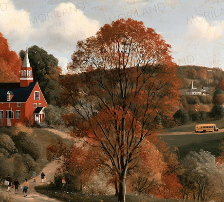 Autumn school bus and church Back to School Frame TV art – vintage 4K digital artwork