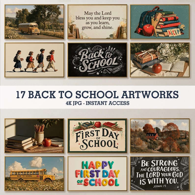 17 Back to School Frame TV art bundle collection overview – vintage school digital artwork