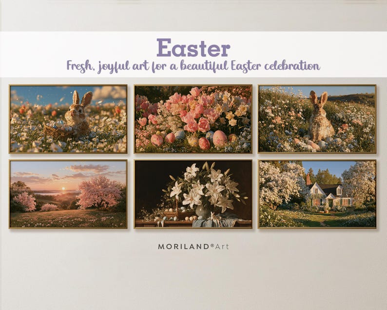Easter Frame TV art collection with rabbits flowers eggs lilies and spring landscapes