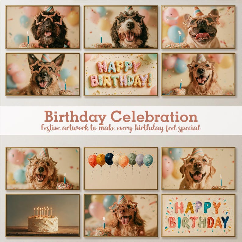 Birthday Celebration Frame TV art collection with party dogs cake balloons and typography