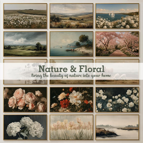 Nature and Floral Frame TV art collection with landscapes flowers and botanical artwork
