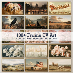 100+ Frame TV art bundle collage with seasonal floral dog holiday and patriotic 4K artwork