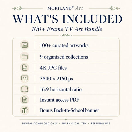 100+ Frame TV art bundle specifications – 9 collections, 4K JPG, 3840 x 2160, 16:9
