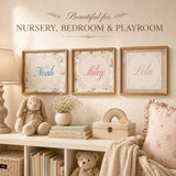 Personalized vintage name prints in blue floral, pink floral and beige watercolor styled in a nursery