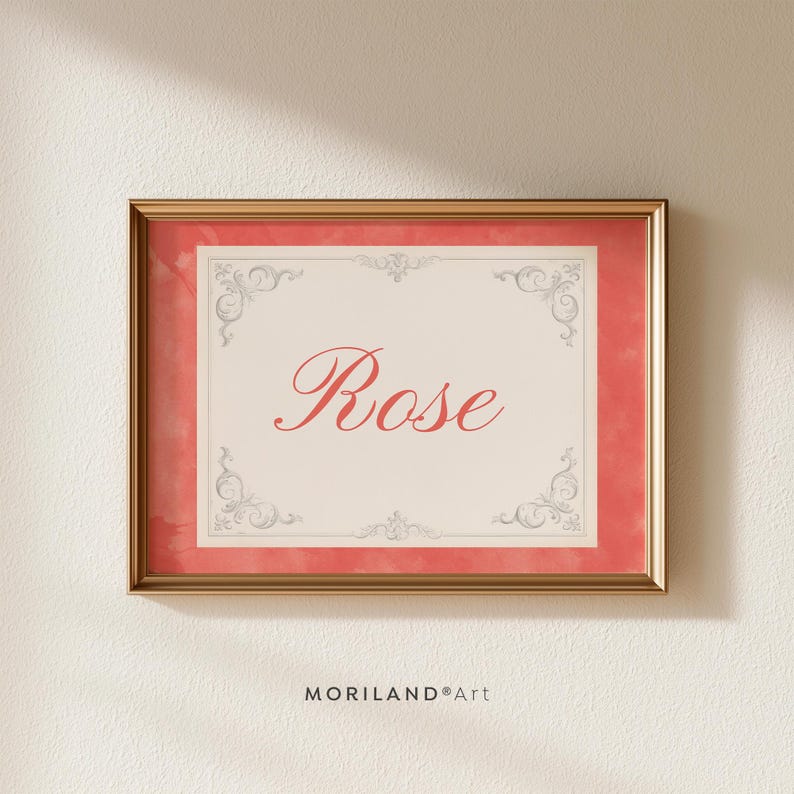 Coral rose watercolor personalized name print with Rose in coral script and vintage ornamental border
