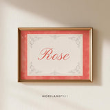 Coral rose watercolor personalized name print with Rose in coral script and vintage ornamental border