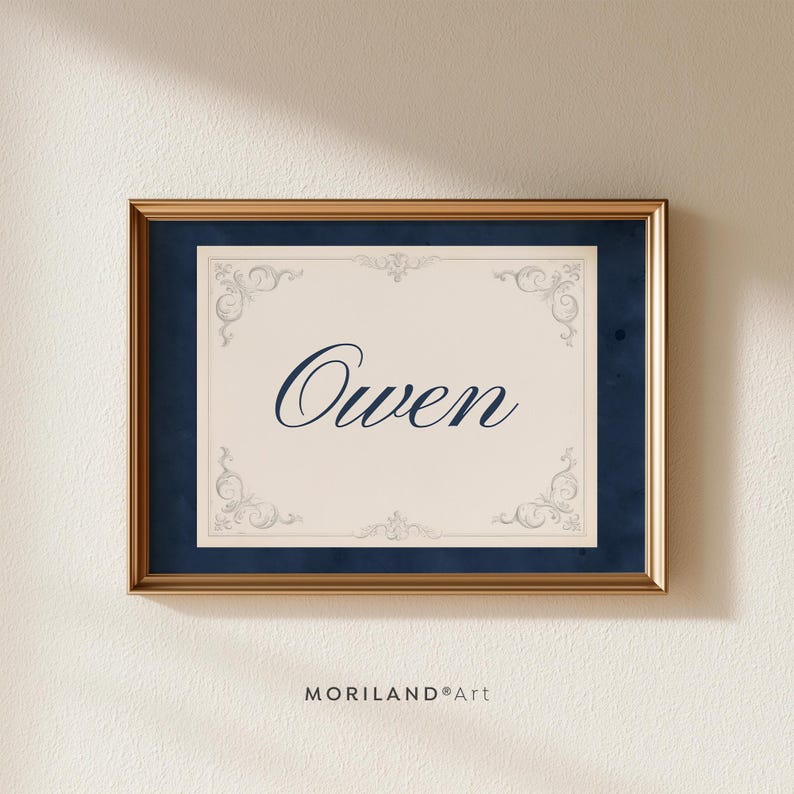 Navy watercolor personalized name print with Owen in navy script and vintage ornamental border