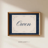 Navy watercolor personalized name print with Owen in navy script and vintage ornamental border