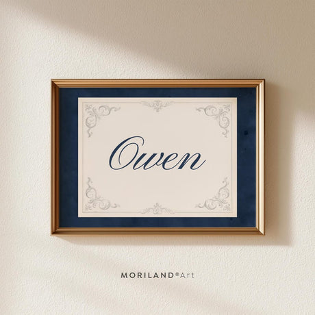 Navy watercolor personalized name print with Owen in navy script and vintage ornamental border