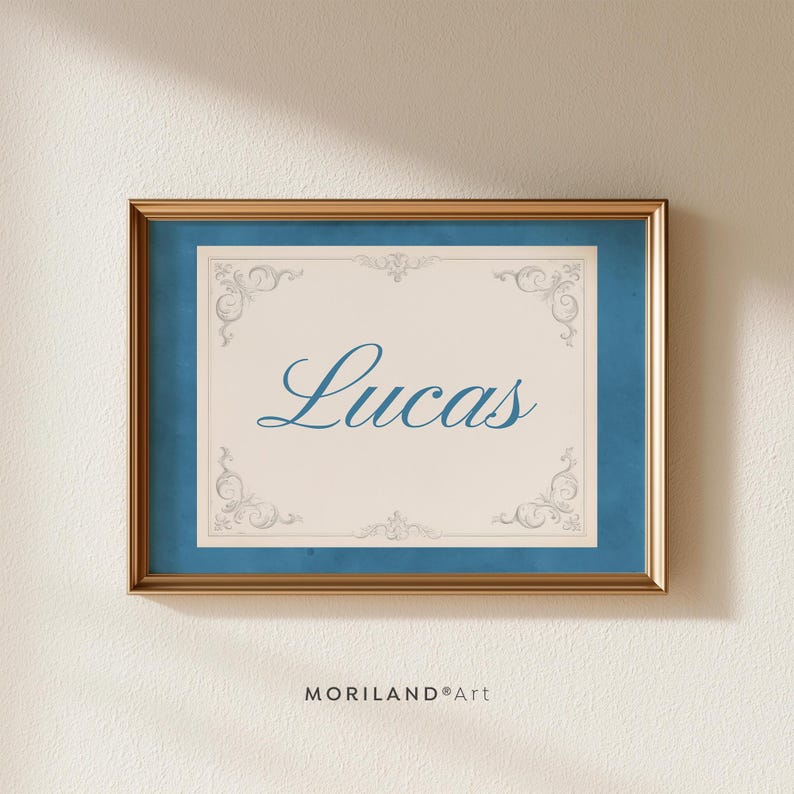 Vintage blue watercolor personalized name print with Lucas in blue script and vintage ornamental border
