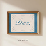 Vintage blue watercolor personalized name print with Lucas in blue script and vintage ornamental border