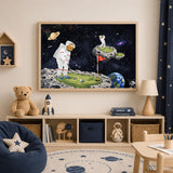 Space golf wall art framed in a boys space themed bedroom and playroom