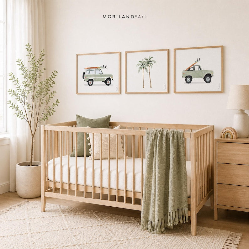 Coastal nursery with three sage green surf vehicle and palm tree printable wall art designs above a wood crib