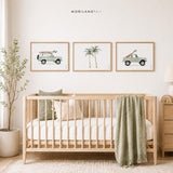 Sage green surf car and palm tree wall art set in natural wood frames above a crib in a neutral nursery