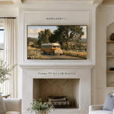 Back to School vintage school bus artwork displayed on Frame TV above fireplace