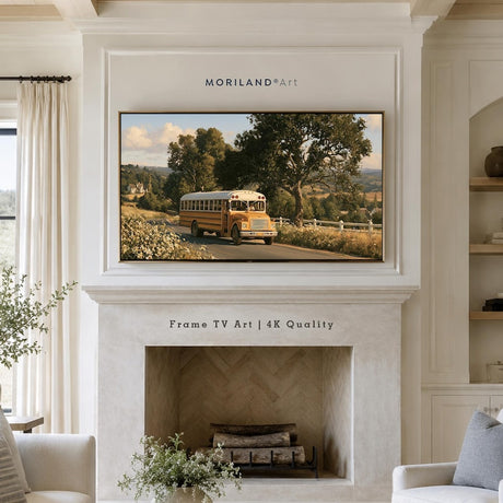 Back to School vintage school bus artwork displayed on Frame TV above fireplace