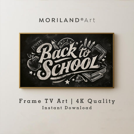 Back to School chalkboard typography Frame TV art with books pencils and apple