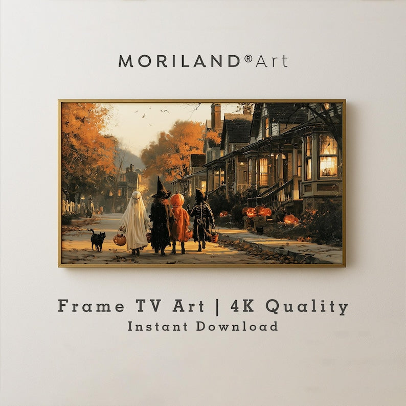 Vintage Halloween neighborhood Frame TV art with children in costumes and pumpkins – digital download