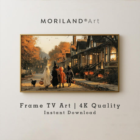 Vintage Halloween neighborhood Frame TV art with children in costumes and pumpkins – digital download