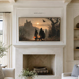 Halloween Frame TV artwork displayed above fireplace – vintage trick-or-treat scene