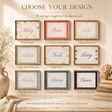 Choose your design chart showing nine vintage floral and watercolor custom name artwork options