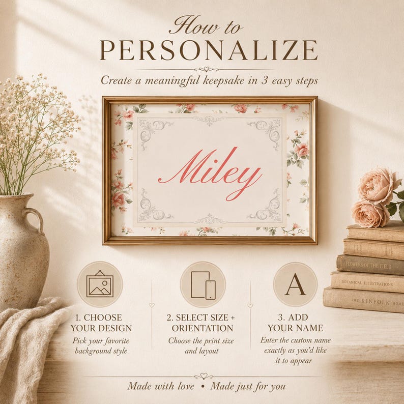 How to personalize custom name wall art by choosing design, print size, orientation and name