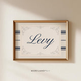 Blue stripes personalized name print with Levy in navy script and vintage ornamental border