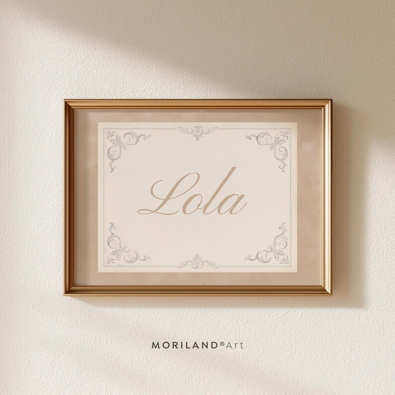 Beige watercolor personalized name print with Lola in neutral script and vintage ornamental border