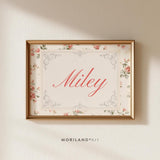 Pink floral personalized name print with Miley in coral script and vintage ornamental border