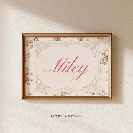 Pink floral personalized name print with Miley in coral script and vintage ornamental border