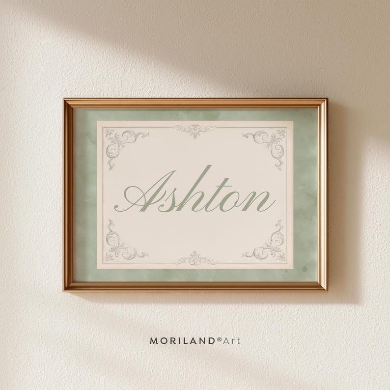 Sage green watercolor personalized name print with Ashton in sage script and vintage ornamental border