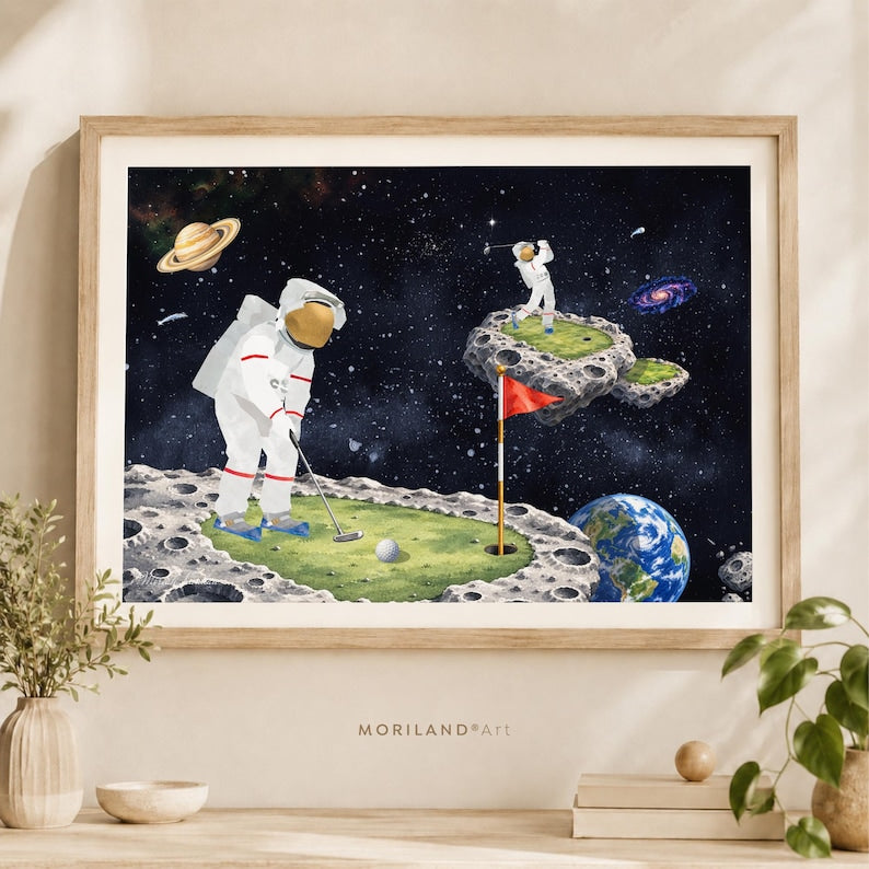 Space golf astronaut printable wall art with golfers on lunar greens in outer space