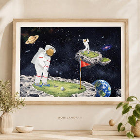 Space golf astronaut printable wall art with golfers on lunar greens in outer space