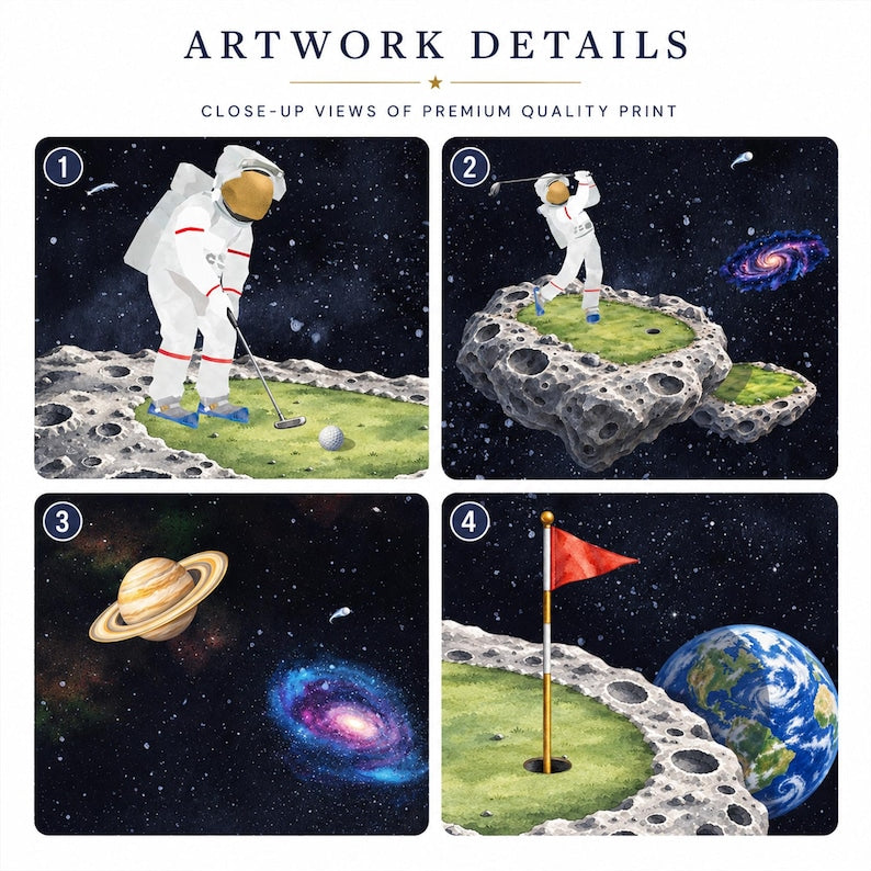 Space golf astronaut artwork details with lunar golfers planets galaxy and putting green