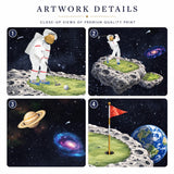 Space golf astronaut artwork details with lunar golfers planets galaxy and putting green