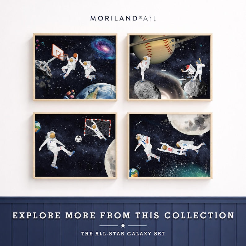 All-Star Galaxy astronaut sports wall art collection with basketball baseball soccer and football prints