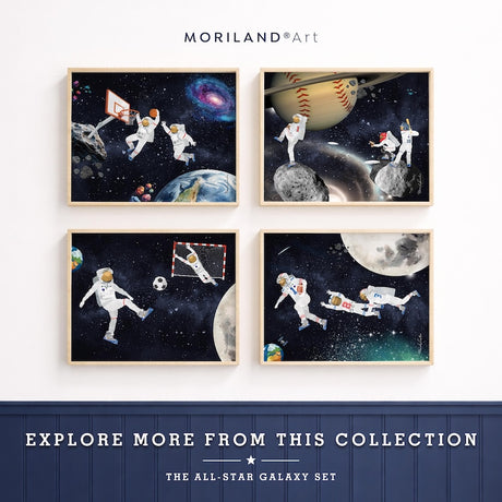 All-Star Galaxy astronaut sports wall art collection with basketball baseball soccer and football prints