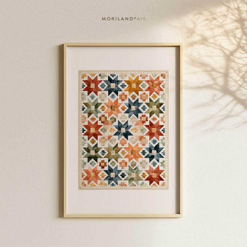 Watercolor quilt pattern printable in a light wood frame with soft botanical shadows