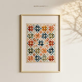 Watercolor quilt pattern printable in a light wood frame with soft botanical shadows