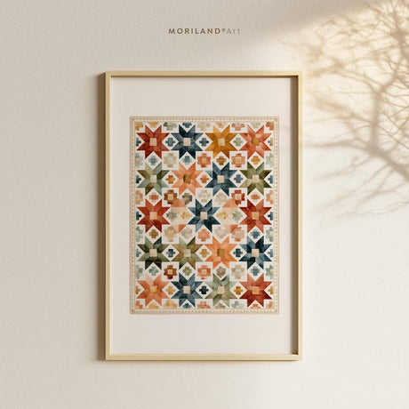 Watercolor quilt pattern printable in a light wood frame with soft botanical shadows