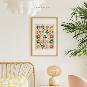 Watercolor Patchwork Star Quilt Printable Wall Art in a cozy bedroom with rattan bed and warm cottage decor