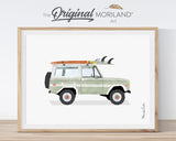 Sage green vintage surf SUV with surfboards printable nursery wall art in a natural wood frame