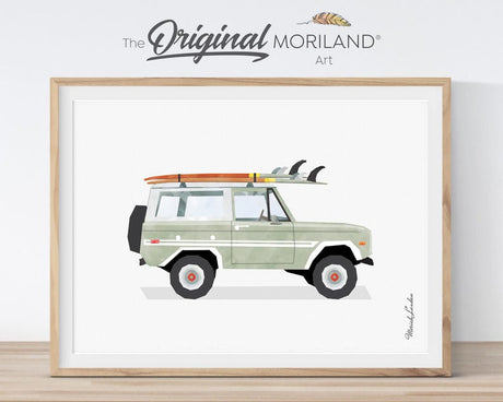 Sage green vintage surf SUV with surfboards printable nursery wall art in a natural wood frame