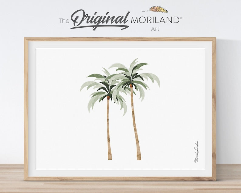 Minimal sage green palm tree printable wall art for a coastal nursery in a natural wood frame