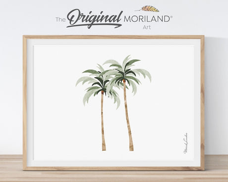 Minimal sage green palm tree printable wall art for a coastal nursery in a natural wood frame