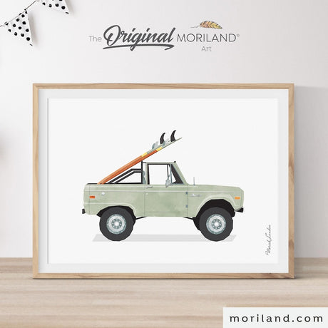 Sage green vintage surf pickup truck with surfboards printable wall art in a natural wood frame