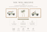 What you receive graphic for a set of three sage green surf car and palm tree printable nursery artworks