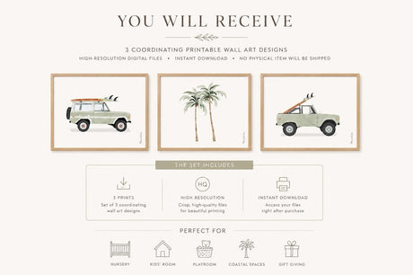 What you receive graphic for a set of three sage green surf car and palm tree printable nursery artworks