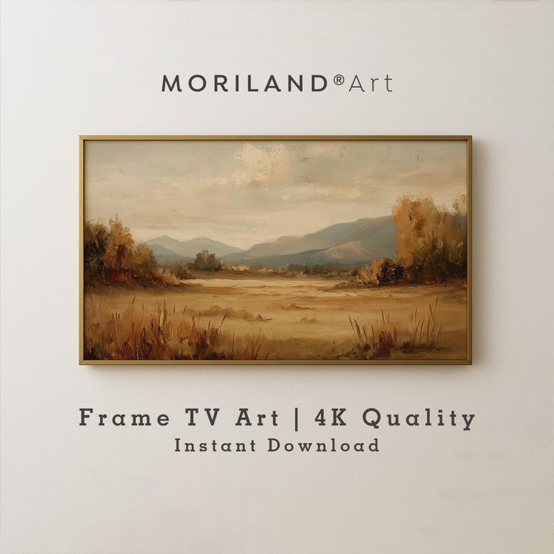 Neutral autumn landscape Frame TV art with mountains and golden fields – 4K fall digital artwork