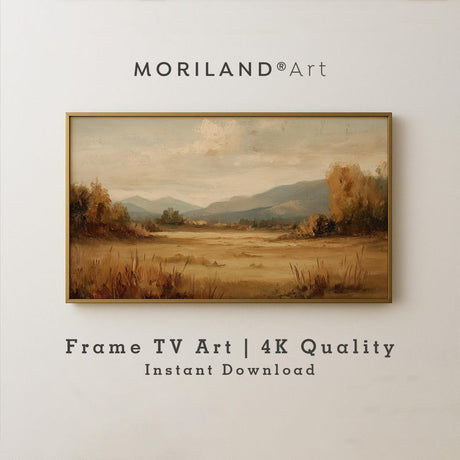 Neutral autumn landscape Frame TV art with mountains and golden fields – 4K fall digital artwork